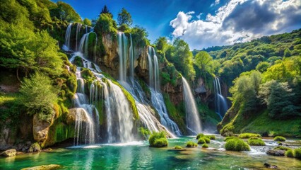 Fototapeta premium Marche Italy Waterfall, Mountain Cascade, Italian Landscape Photography, Stunning Nature Scene, Hiking Trails, Apennine Mountains, Breathtaking Views