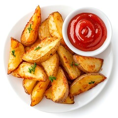 Fried potato wedges and tomato ketchup isolated on white background
