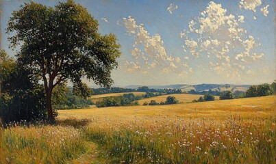 Fototapeta premium Summer landscape: tree, wildflowers, golden field, rolling hills.