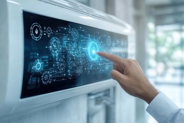 Smart AC unit with digital interface; hand interacts with touchscreen displaying energy efficiency data. Illustrates smart home technology and energy monitoring.