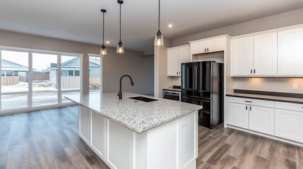 Modern kitchen island with white cabinets, granite countertop, black appliances, and large windows.