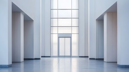 Fototapeta premium A tall modern door with clear glass at the top, framed by white panels.