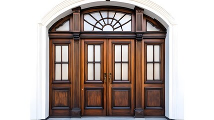 A large wooden door with an elegant window panel in the middle, against a white background.