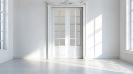 Obraz premium A classic glass door with decorative trim, leading into a bright and airy white room.