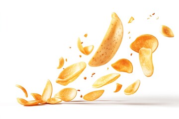 Fototapeta premium Flying potato chips on white background