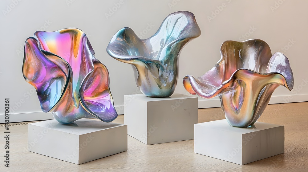 Poster visually captivating abstract sculptures with flowing organic forms and shimmering iridescent and me