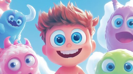 Fototapeta premium A cartoon boy is smiling and surrounded by a group of monsters