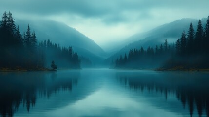Fototapeta premium Serene lake mirroring misty mountains, tranquil forest.