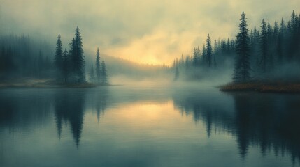 Fototapeta premium Misty sunrise, tranquil lake, reflecting pines.