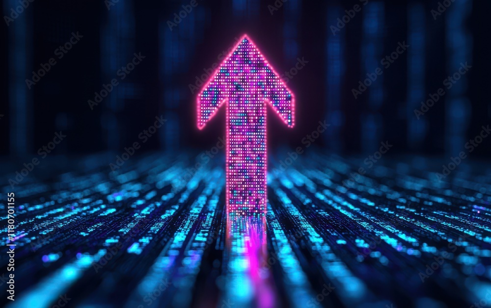Poster a vibrant digital arrow points upward, surrounded by a stream of glowing binary code, symbolizing pr