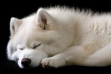Obraz premium Sleeping Samoyed Dog with Soft White Fur on Black Background