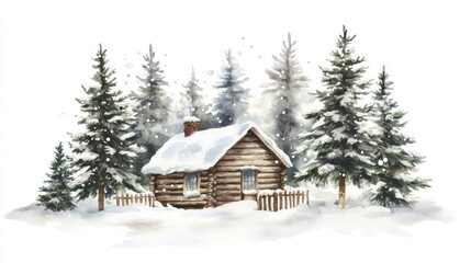 Snowy cabin, winter forest, snowfall, watercolor, holiday card