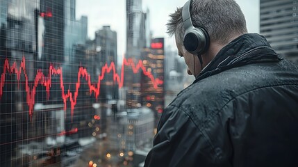 Trader wearing headphones intently monitoring market fluctuations and data displayed on digital graph overlaid on an urban city backdrop