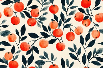 Vibrant Orange Fruit Pattern with Green Leaves on Cream Background
