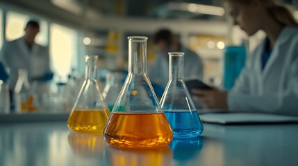 Three Erlenmeyer flasks with colorful liquids in a lab. Scientists blurred in background.