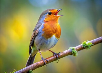A European robin serenades from a branch, a wildlife photograph showcasing nature's beauty, perfectly composed.