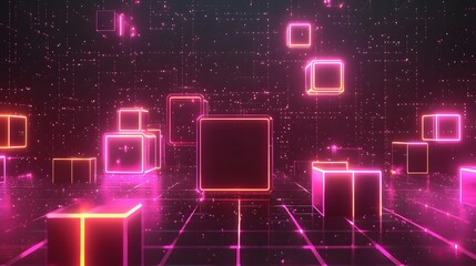 Obraz premium Sleek and Glowing Neon Geometric Shapes in a Dark Digital Background Futuristic and Minimalist 3D Render with Bright Vibrant Colors Luminous Lighting and Abstract Architectural Elements