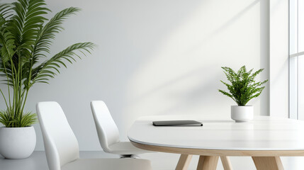 Modern office interior with plants and minimalist table design