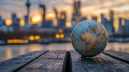 Globe on wooden bench with city skyline at sunset.