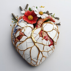 unique heart sculpture made of porcelain, featuring flowers and metal screws, symbolizing fragility and beauty. This artistic piece blends nature and craftsmanship seamlessly