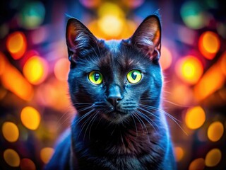 Captivating black cat portrait: vibrant colors, bold design, fine art photography.