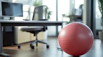 A red exercise ball rests on a modern office floor, complementing a sleek desk and ergonomic chair in a bright workspace.