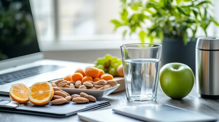 Healthy snacks and a glass of water on a desk next to a laptop, featuring fruits, nuts, and a plant for a fresh work environment.