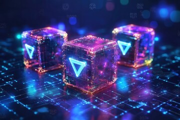 Glossy Neon Cubes with Glowing Edges in a Digital Space Background