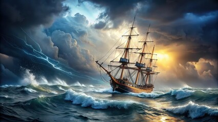 Obraz premium A Majestic Sailing Vessel Braving a Tempestuous Sea Under a Dramatic Sky