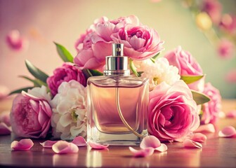 A vintage pink perfume bottle, nestled amongst vibrant blooms, a retro floral still life.