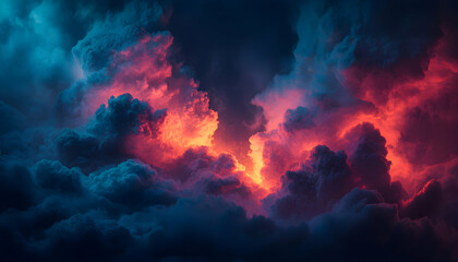 Fototapeta premium Dramatic fiery red and blue cloudscape, intense colors, moody atmosphere, atmospheric phenomenon, textured clouds, dark sky background.