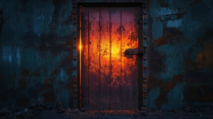 Glowing rusty metal door in dark wall.