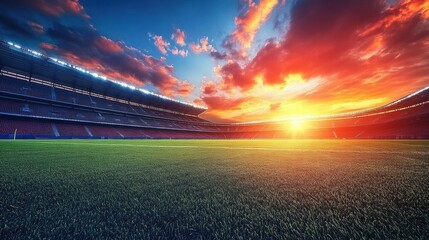Stunning Sunset Over Empty Football Stadium with Vibrant Sky