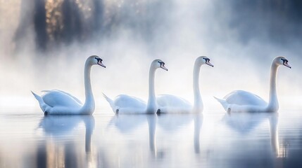 Four graceful white swans swim in a misty lake at sunrise, their reflections mirrored in the calm water.