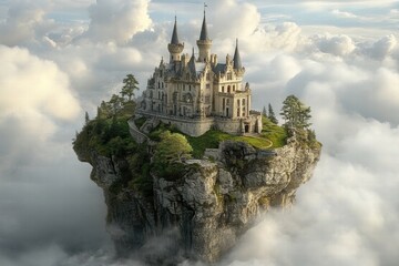 Majestic Castle on Cliff Surrounded by Dreamy Cloudscape Landscape