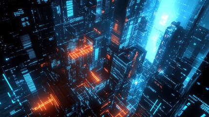 Fototapeta premium Abstract digital city with glowing neon lines and structures.