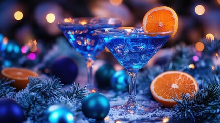 Vibrant Blue Cocktail with Orange Slice and Holiday Decorations