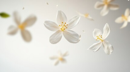 Naklejka premium Delicate white flowers gently float, petals scattering. Perfect for beauty, spa, or serenity themes; evokes peace.