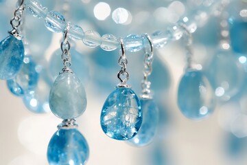 Close-up of aquamarine gemstone necklace with dangling teardrop pendants.