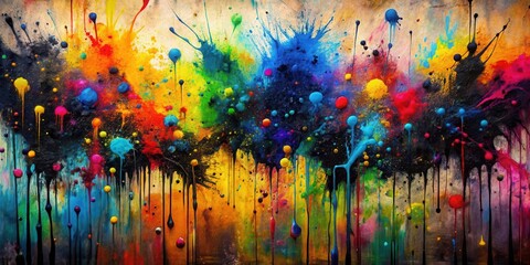 Fototapeta premium An Abstract Canvas Featuring a Dynamic Burst of Vibrant Hues and Cascading Drips of Color, Creating a Visually Stunning and Energetic Composition