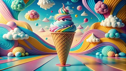 A whimsical rainbow ice cream cone sits in a vibrant, surreal landscape of swirling pastel textures and fluffy shapes.
