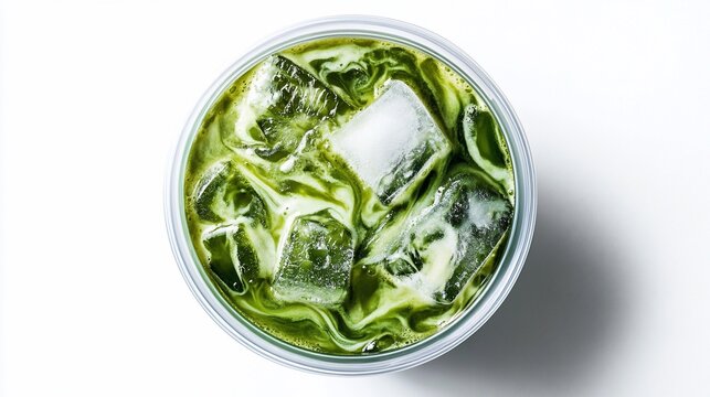 Iced matcha latte in a clear plastic cup with ice cubes.