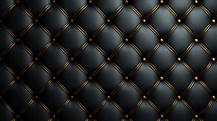 Black tufted leather upholstery with gold stitching.