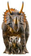Fototapeta premium A depiction of a large dinosaur with a smaller one, showcasing prehistoric creatures.