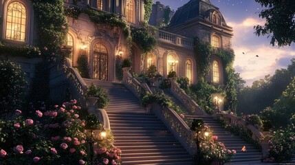 Fototapeta premium Grand chateau steps at twilight, roses blooming.