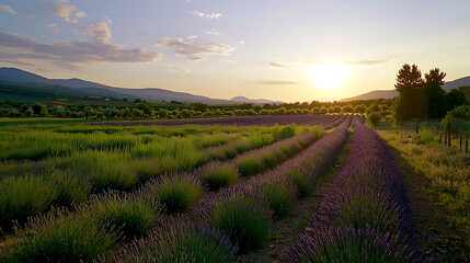 Fototapeta premium A field of lavender with a beautiful sunset in the background. generated using AI