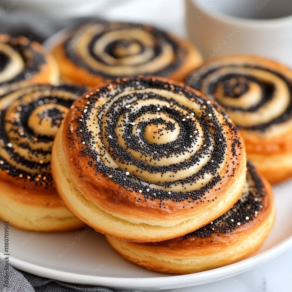 Wall mural Close-up of delicious poppy seed rolls on a plate.