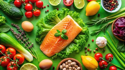 A vibrant overhead arrangement showcasing a salmon fillet nestled on fresh lettuce, surrounded by an assortment of colorful vegetables, herbs, citrus fruits, and legumes, ideal for a healthy diet.