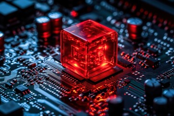 Red Illuminated Cube on Circuit Board with Electronic Components