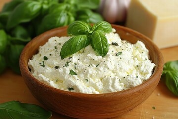 Fresh Ricotta Cheese with Basil and Garlic on Wooden Table